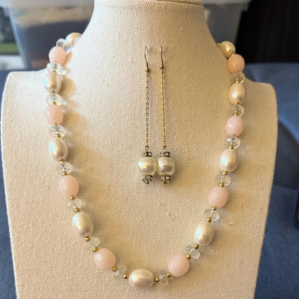 Vintage Trifari Signed Pink Lucite Necklace & Vintage Dangling Earrings.